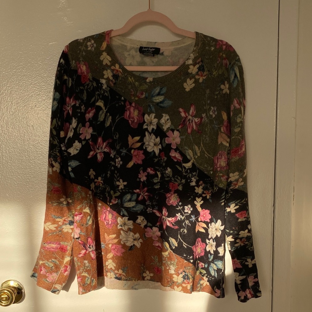 Lord & Taylor 100% Cashmere Floral Autumn Sweater - Size L